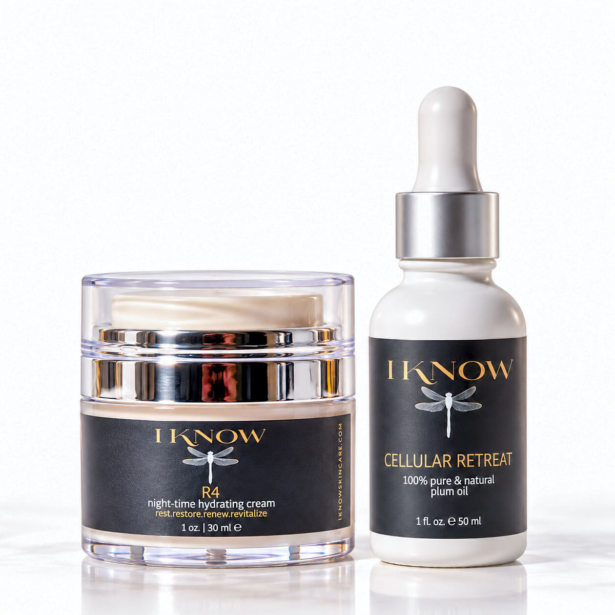 A skincare set featuring a clear jar of IKNOW R4 Night-time hydrating cream with a black label and silver lid, next to a white dropper bottle of IKNOW Cellular Retreat with a black label and silver dropper cap, on a white background.
