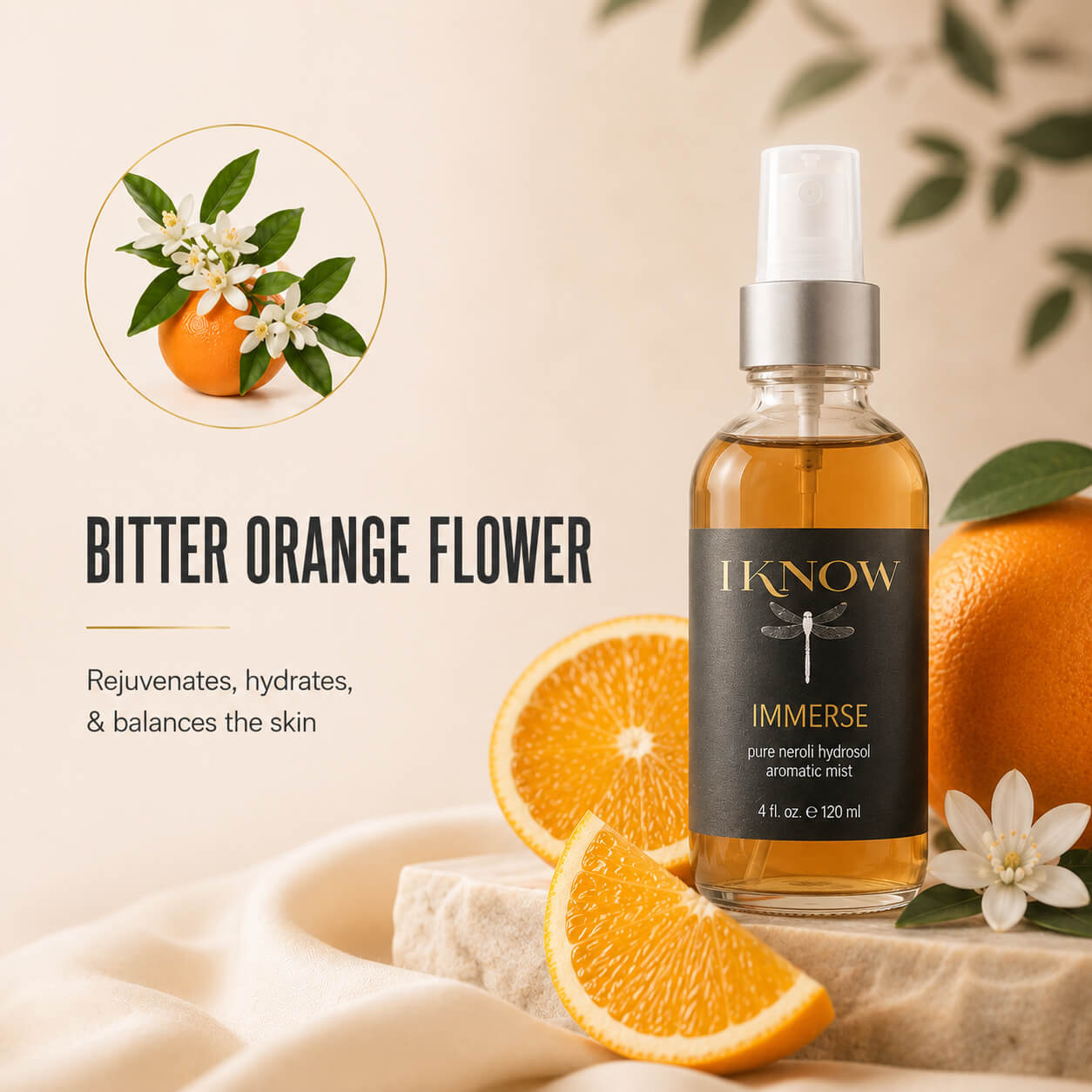Bitter orange flower product with oranges and flowers on a beige background