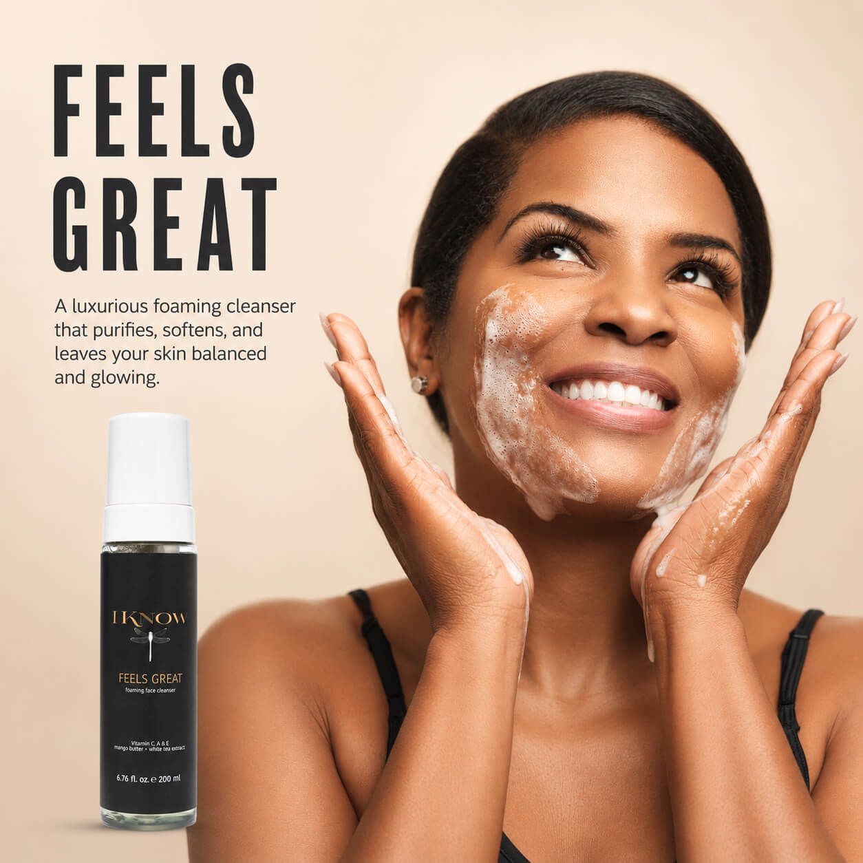 Woman of color applying cleanser during a gentle facial cleansing ritual