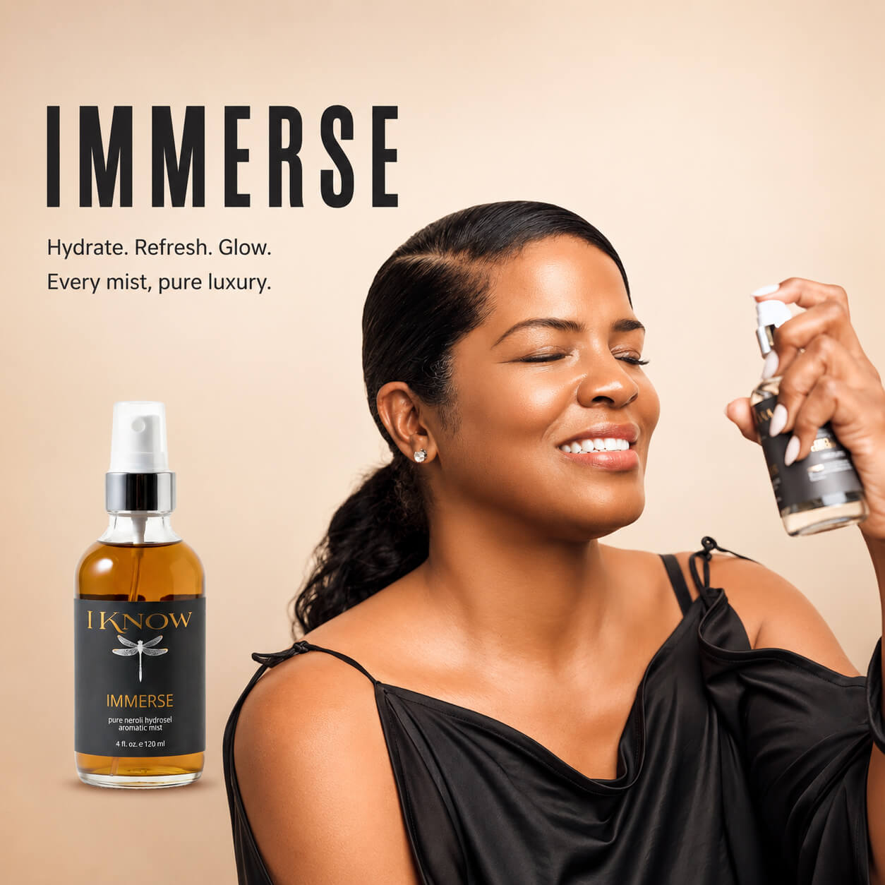 Woman of color misting her face with a hydrating toner