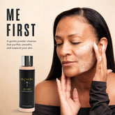 Woman applying skincare product with &