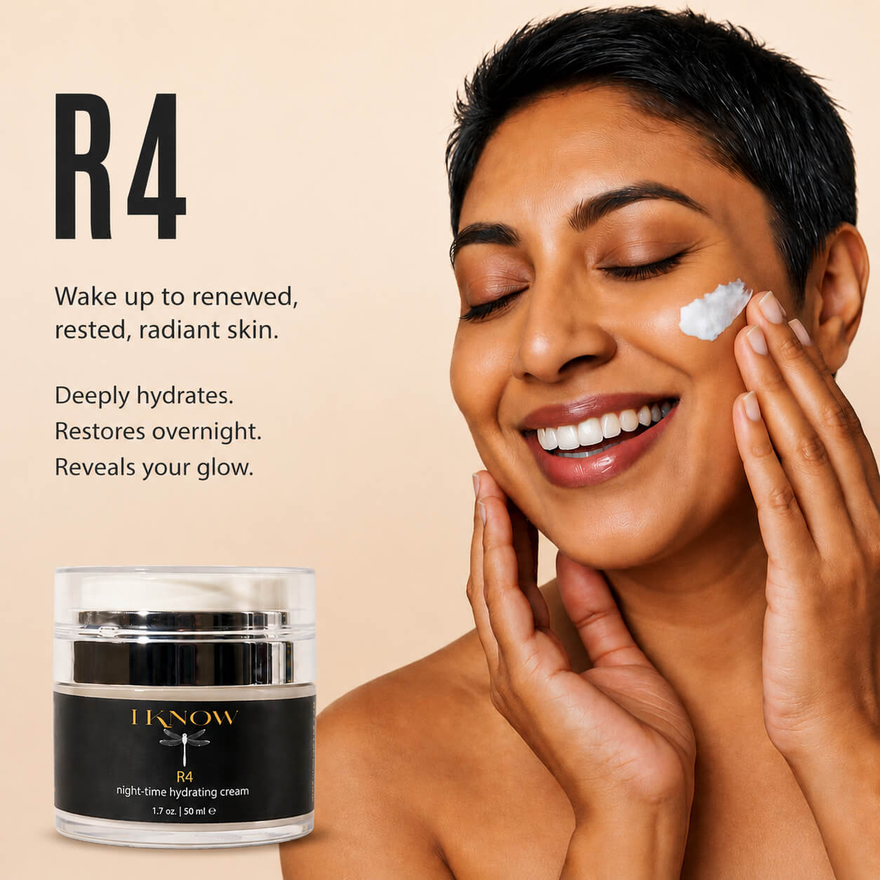 Woman of color applying night moisturizer as part of an evening skincare ritual