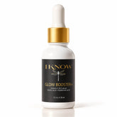 A white dropper bottle of IKnow Glow Booster+ serum with a gold collar and a black label, set against a clean white background.