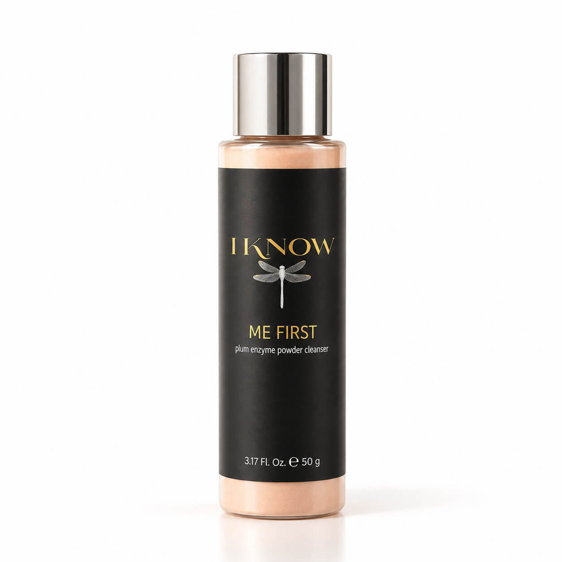 A bottle of IKnow Me First Plum Enzyme Powder Cleanser with a black label, gold lettering, and a reflective silver cap, set against a plain white background.