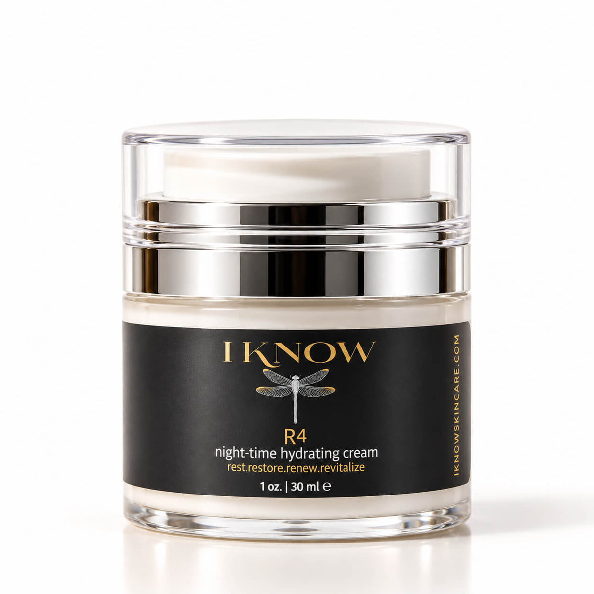 A 30 ml jar of IKnow R4 Night-time Hydrating Cream on a clean white background. The product features a clear glass jar with a reflective silver metallic collar, a white cream visible inside, and a black label with gold lettering.