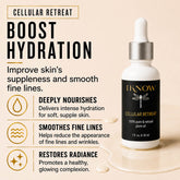 Skincare dropper bottle with product description on a beige background