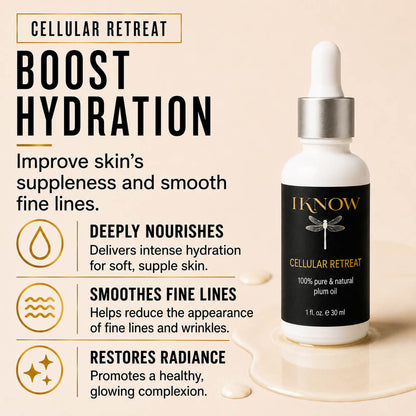 Skincare dropper bottle with product description on a beige background