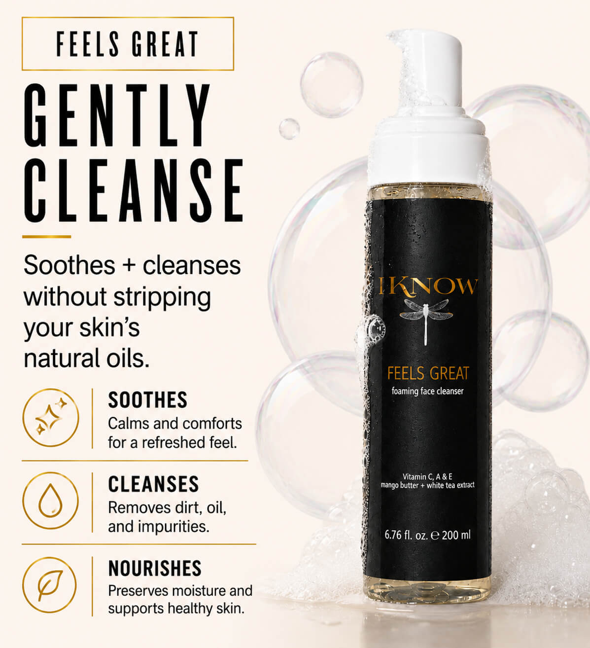 Foaming face cleanser bottle with text highlighting its benefits on a light background