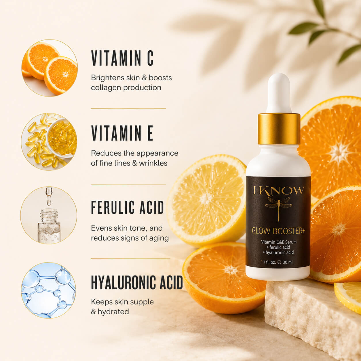 Skincare serum bottle with ingredients and benefits displayed on a light background with oranges.