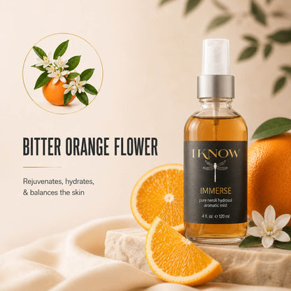 Bitter orange flower product with oranges and flowers on a beige background