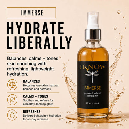 IKNOW Immerse bottle with product description on a beige background