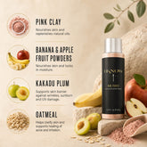 Product packaging with ingredients and benefits on a neutral background