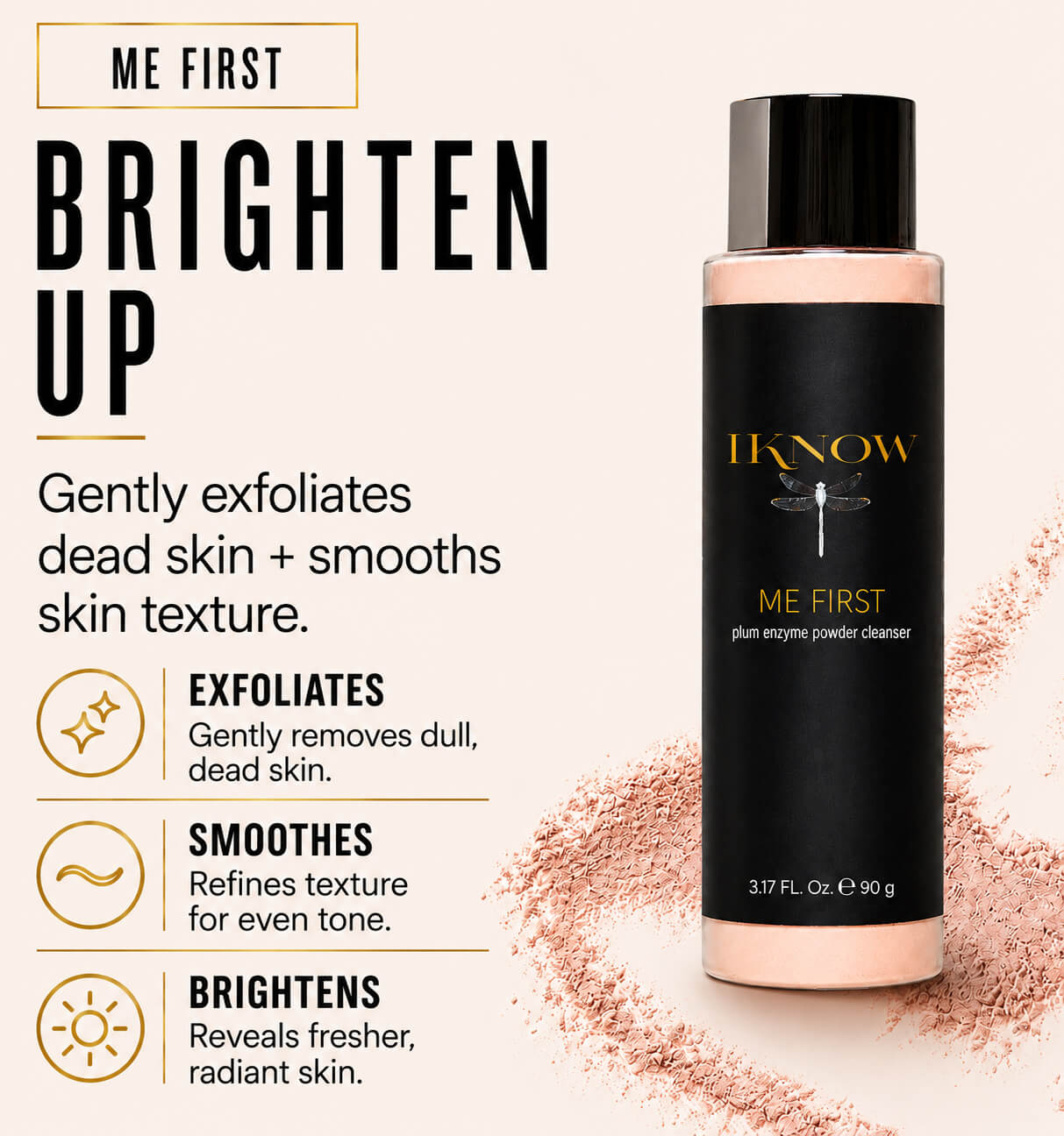 Black skincare product bottle with text on a beige background
