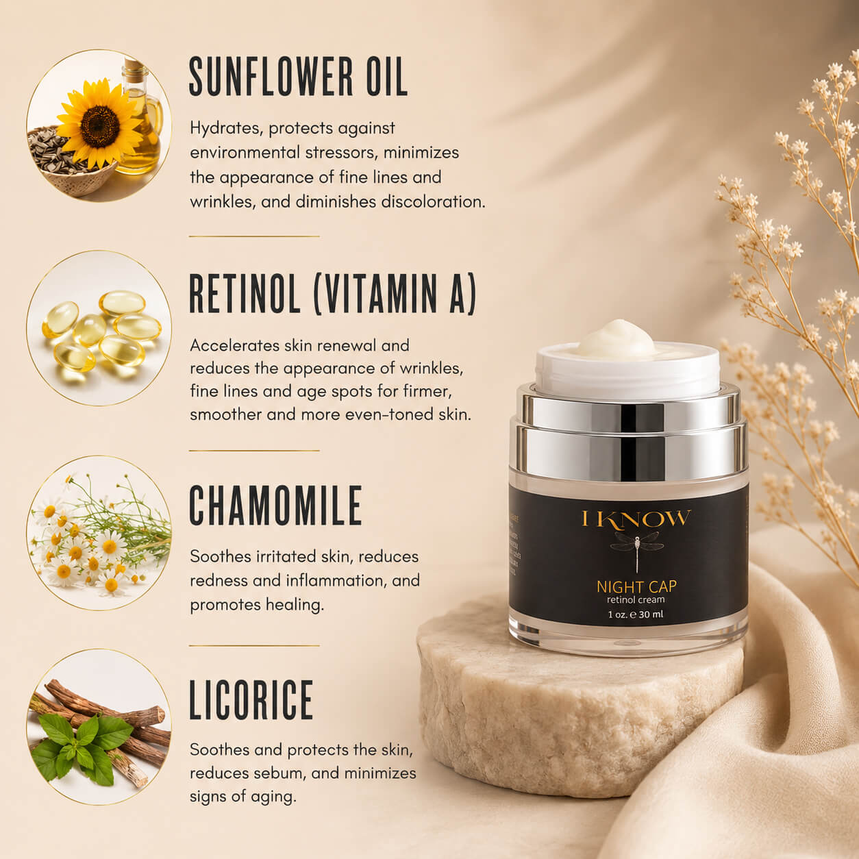 Skincare product with ingredients listed on a beige background
