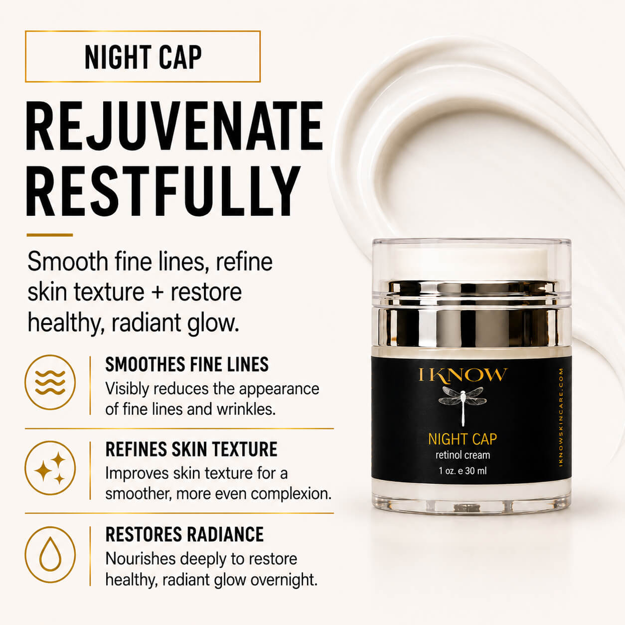 Skincare product with text highlighting its benefits on a white background