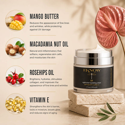 Skincare cream jar with ingredients and benefits on a beige background